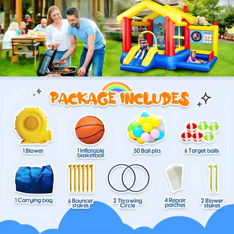 8-in-1 Inflatable Bounce House with Blower – Kids Jumping Castle with Basketball Hoop, Ocean Balls, Ring Toss, Sticky Ball Game & Target | Outdoor Fun Playhouse for Toddlers & Children