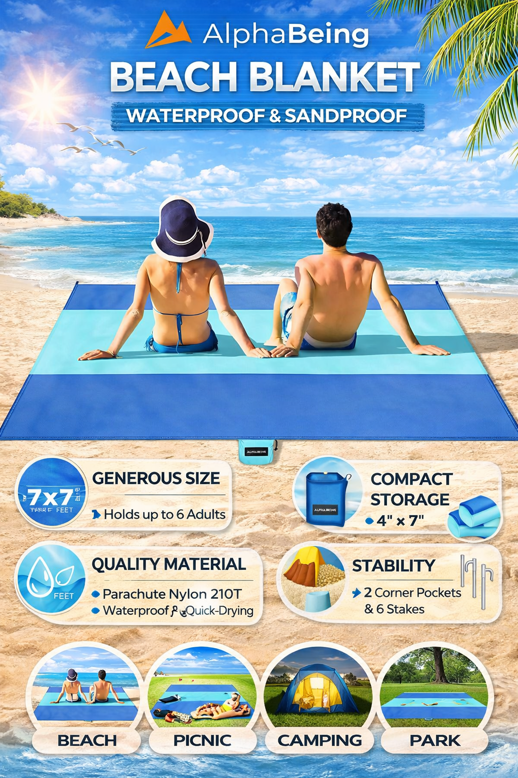 AlphaBeing Beach Blanket - Waterproof & Sandproof 7x7 ft for 6 Adults