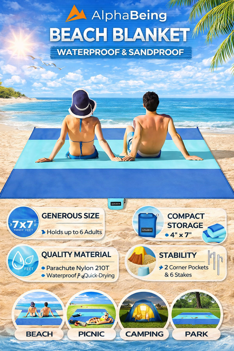 AlphaBeing Beach Blanket - Waterproof & Sandproof 7x7 ft for 6 Adults