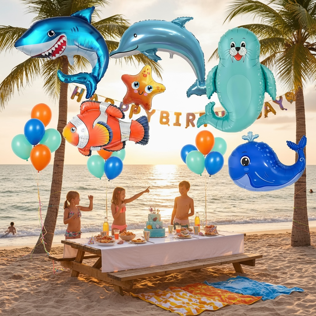 YiYou 8pc Sea Animal Foil Balloons Set Large Shark, Dolphin and Whale by Wave & Hang