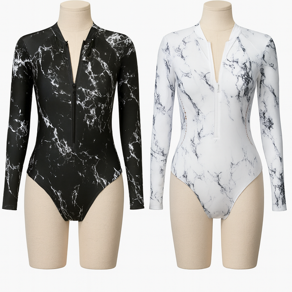 Surf Luxe – Long Sleeve Zipper Swimsuit | UV Protection One-Piece | Marble Black & Ocean White