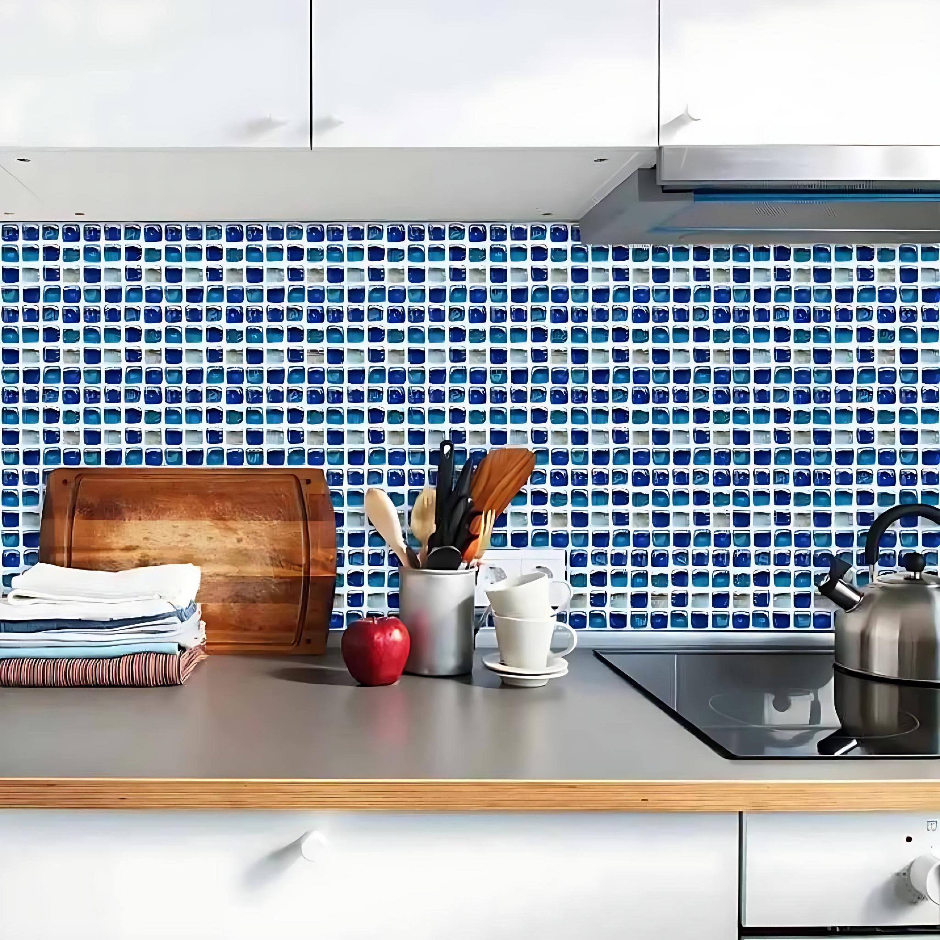 10 Ocean Blue Mosaic Tile Stickers – Effortless Home Makeover by Wave & Hang