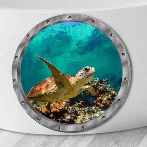 3D turtle porthole decal showing underwater ocean scene on white household appliance
