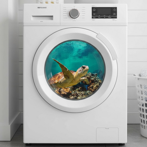 3D turtle porthole sticker applied to washing machine door with underwater ocean scene
