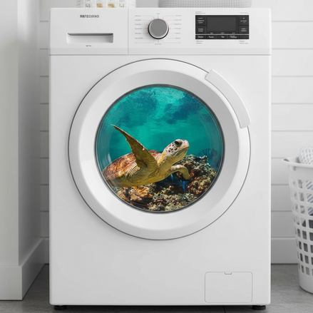3D turtle porthole sticker applied to washing machine door with underwater ocean scene
