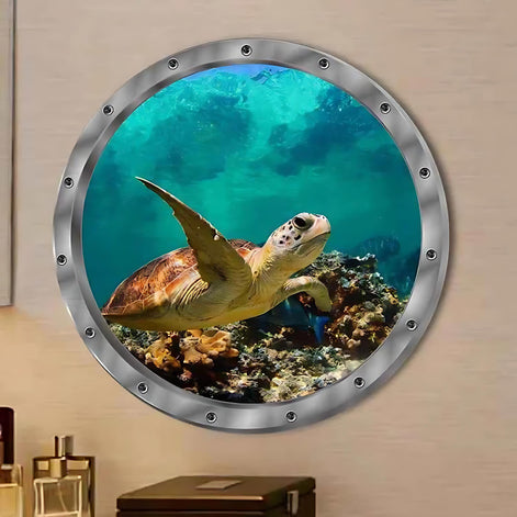 3D undersea turtle wall sticker with ocean background in round porthole design on wall
