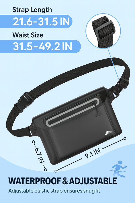 Hatisan Waterproof Waist Bag Black White 2 Pack with Triple Seal Adjustable Fanny Pack for Beach and Water Sports by Wave & Hang
