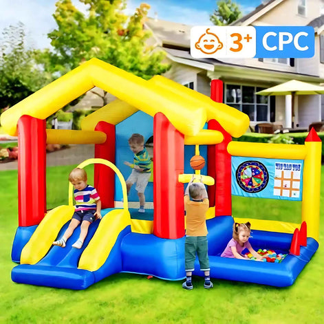 8-in-1 Inflatable Bounce House with Blower – Kids Jumping Castle with Basketball Hoop, Ocean Balls, Ring Toss, Sticky Ball Game & Target | Outdoor Fun Playhouse for Toddlers & Children