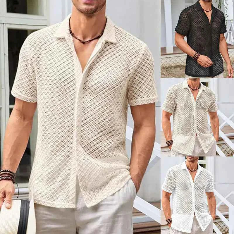 Men’s Summer Mesh Short Sleeve Shirt | Breathable See-Through Lapel Top for Beach, Vacation & Casual Wear