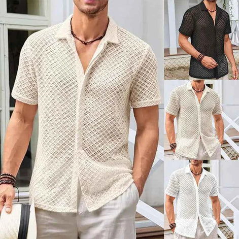 Men’s Summer Mesh Short Sleeve Shirt | Breathable See-Through Lapel Top for Beach, Vacation & Casual Wear