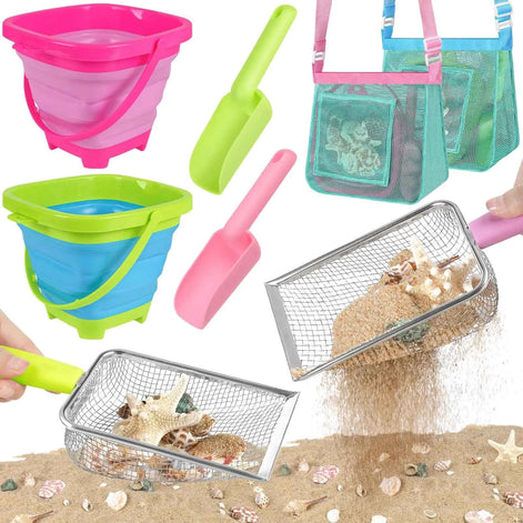 8PCS Kids Beach Sand Toy Set – Collapsible Buckets, Mesh Bags & Shovels for Shell Collecting & Sand Play