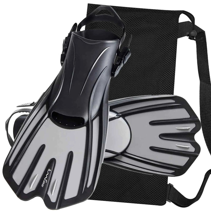 OMGear Short Swim Fins for Adults – Adjustable Snorkel Flippers for Swimming, Diving & Snorkeling | Compact Travel Size with Mesh Bag (Grey, S/M)