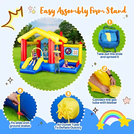 8-in-1 Inflatable Bounce House with Blower – Kids Jumping Castle with Basketball Hoop, Ocean Balls, Ring Toss, Sticky Ball Game & Target | Outdoor Fun Playhouse for Toddlers & Children