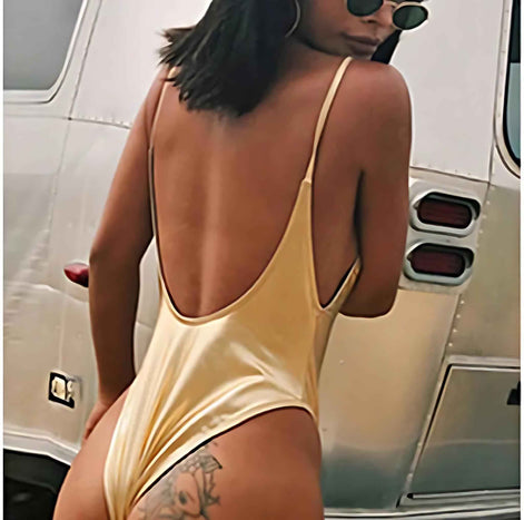 Elegant Deep-V One-Piece Swimsuit | Pink & Gold Bliss for Women