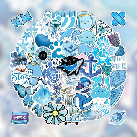 50 PCS Blue Ocean Style Doodle Stickers – Aesthetic Waterproof Vinyl Stickers for Laptops, Journals, Water Bottles, and Scrapbooking