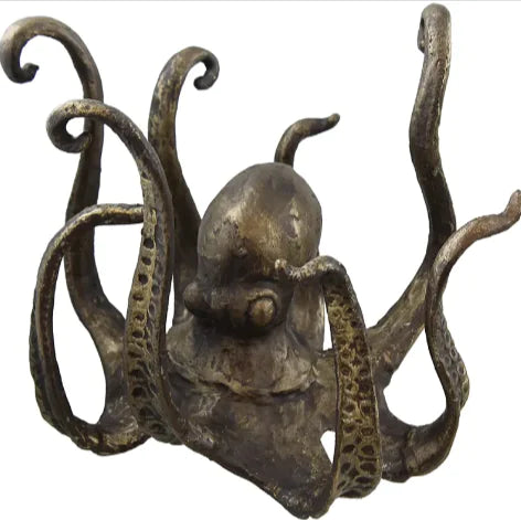 Antique-style bronze resin octopus sculpture with detailed tentacles, coastal décor figurine for tabletop display or mug holder use.