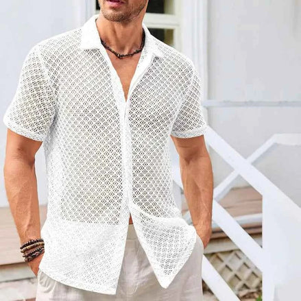 Men’s Summer Mesh Short Sleeve Shirt | Breathable See-Through Lapel Top for Beach, Vacation & Casual Wear