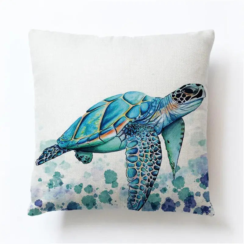Ocean turtle cushion cover – decorative pillow case with blue watercolor sea turtle design on white background, coastal home décor 45x45 cm.
