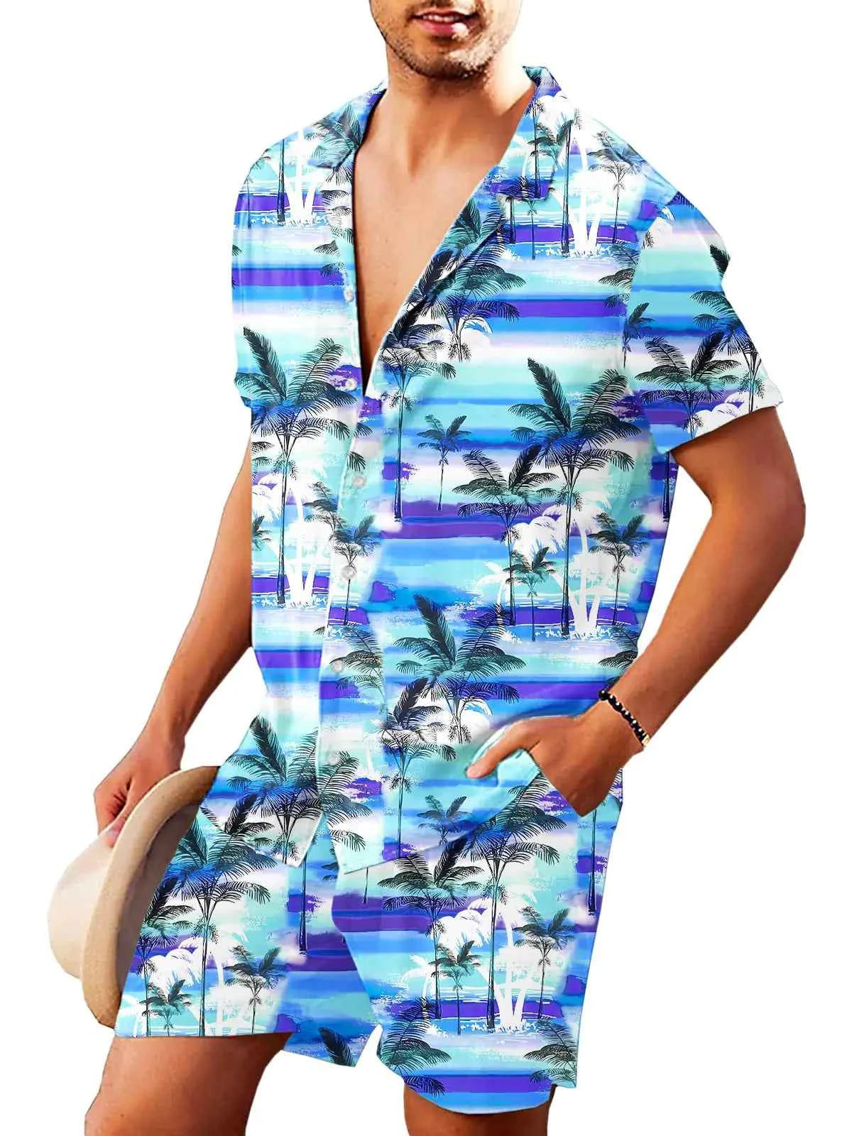 AOBUTE Hawaiian Shirts and Shorts for Men Short Sleeve Tropical Printed Summer Matching Beach Set S