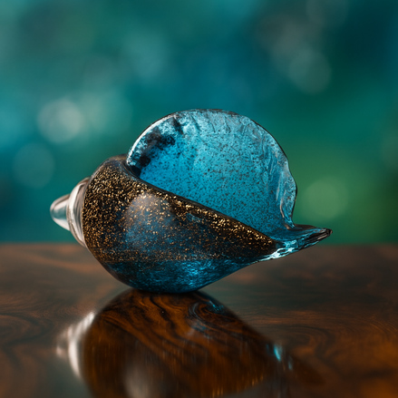 Hand-blown blue glass conch with golden details displayed on a polished wooden surface, ocean-inspired decor piece with blurred turquoise background.