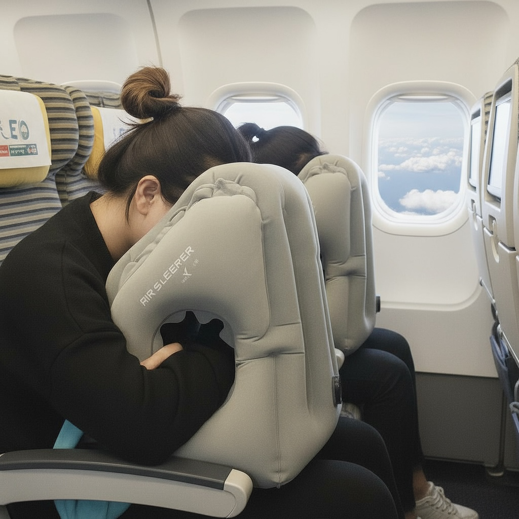 Inflatable Neck Support Pillow Ergonomic Travel Cushion For Airplane Office Or Car Adjustable Flocking PVC TPU by Wave & Hang