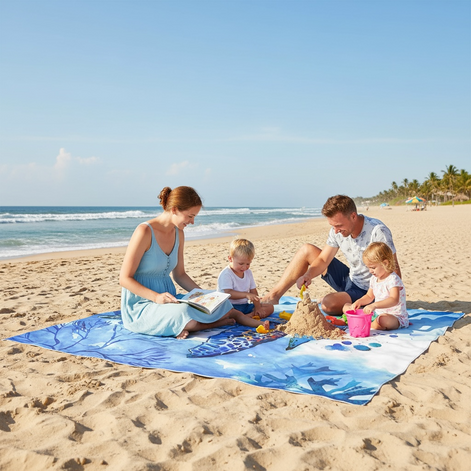 HIHOHO Beach Blanket - Sandproof & Water-Resistant for 4, Blue Print