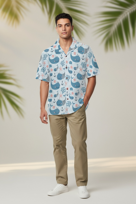 Visesunny Hawaiian Whale Shirt | Quick-Dry Beach Style for Men by Wave & Hang