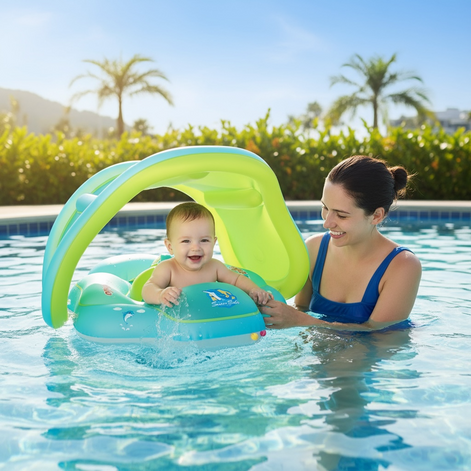 Baby Swim Ring With Built In Canopy For Infants Safe Comfortable Float Easy To Use Eco Friendly PVC by Wave & Hang