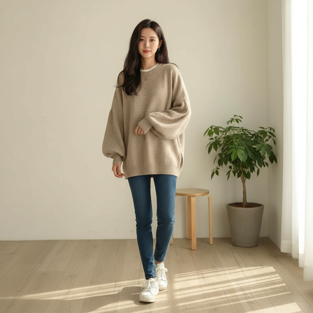 Oversized Crewneck Sweater - Cozy Lantern Sleeve Chic for Women by Wave & Hang