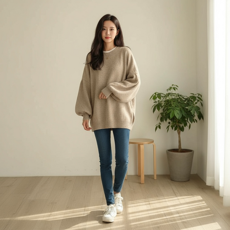 Oversized Crewneck Sweater - Cozy Lantern Sleeve Chic for Women by Wave & Hang