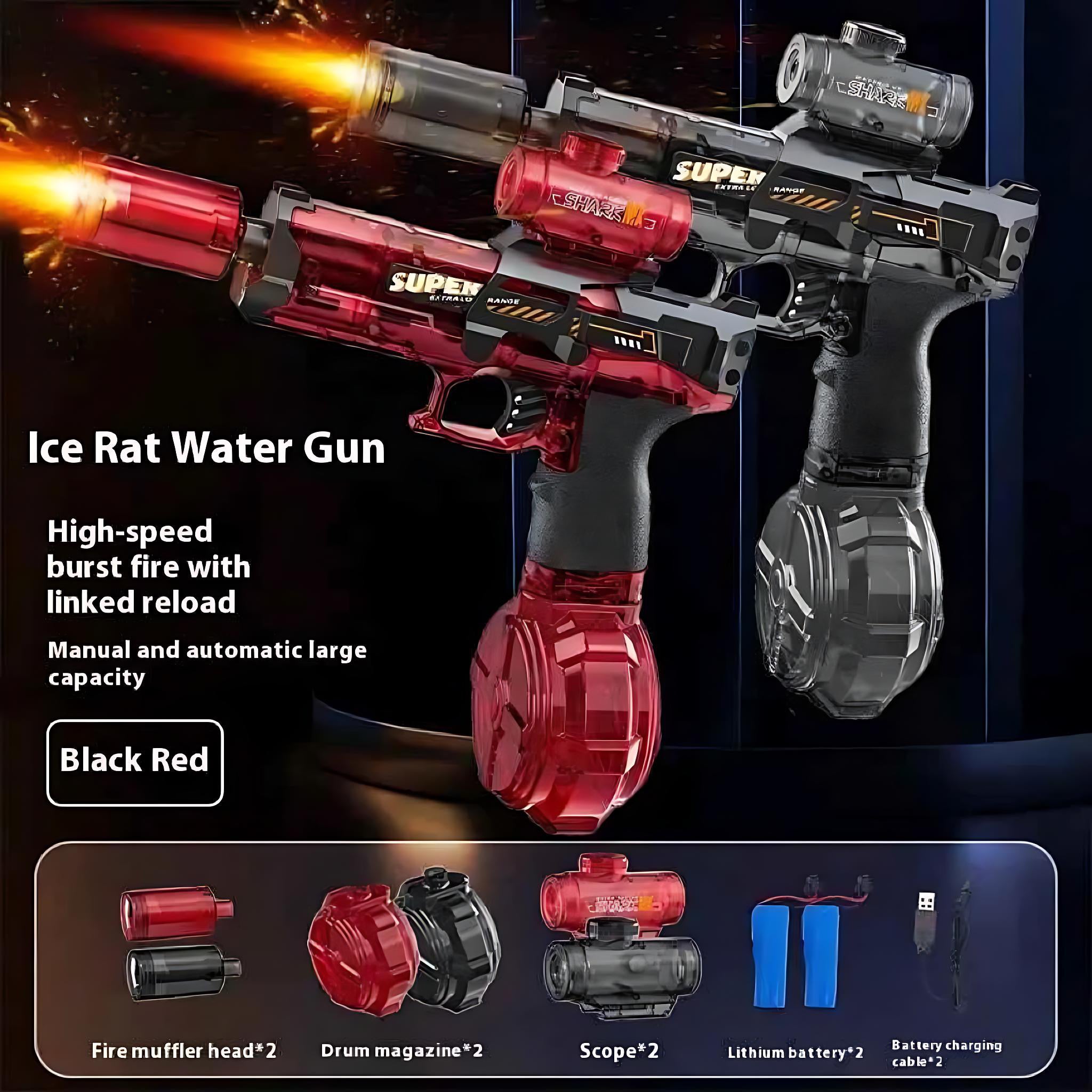 Ice Rat Electric Water Gun High Speed Rechargeable Blaster with LED by Wave & Hang