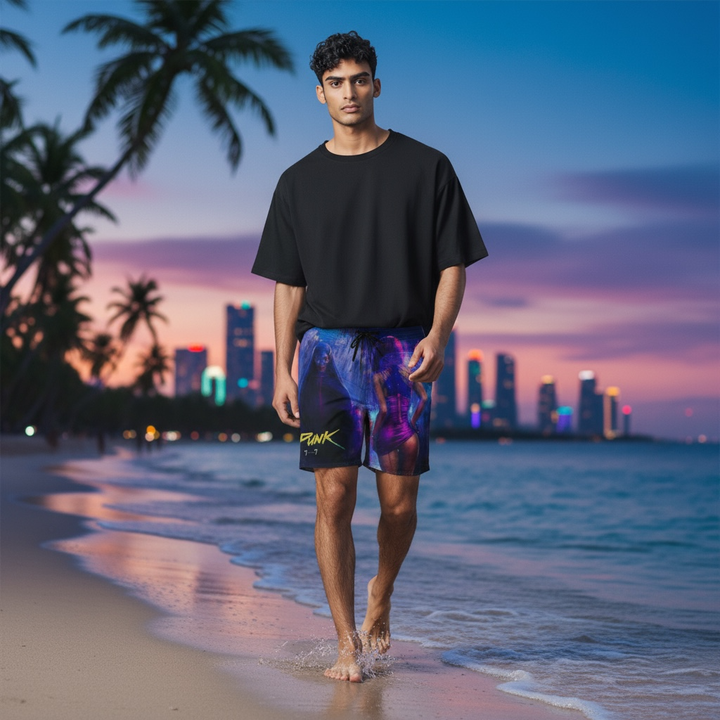 Cyberpunk 3D Print Beach Shorts for Couples by Wave & Hang