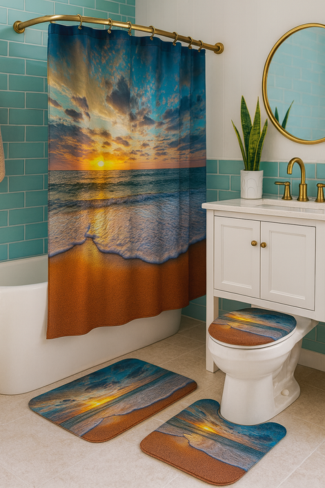 Coastal Sunset Beach Shower Curtain Set – 4-piece ocean wave bathroom decor with waterproof curtain, rugs, and toilet lid cover in tropical design.