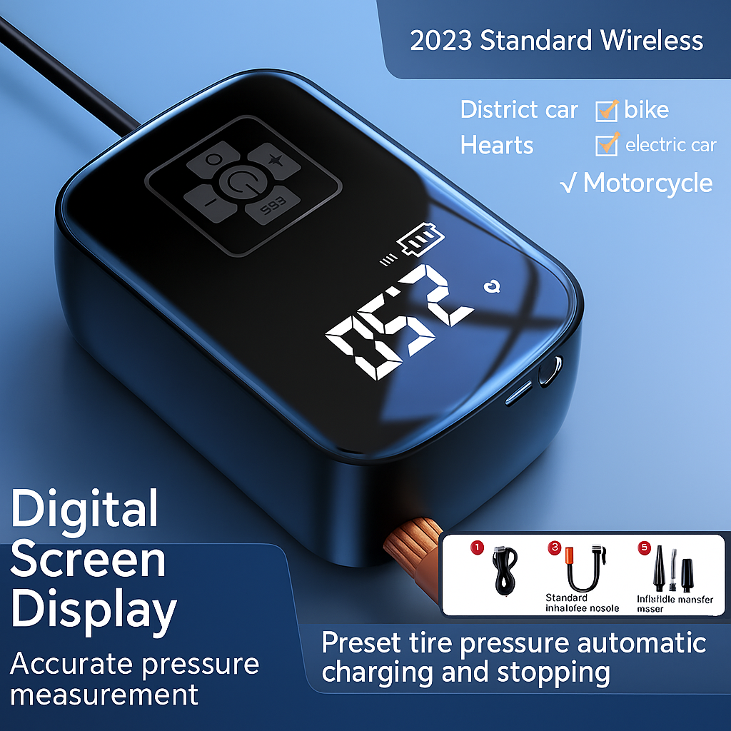 Portable Wireless Car Air Pump With Digital Display, 100W USB Rechargeable Inflator For Cars, Bikes, Motorcycles by Wave & Hang