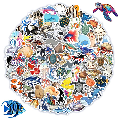 Ocean Stickers Pack 100 Waterproof Vinyl Sea Creatures For All Ages by Wave & Hang