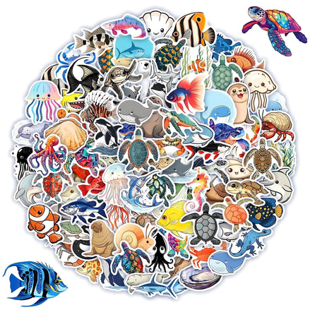 Ocean Stickers Pack 100 Waterproof Vinyl Sea Creatures For All Ages by Wave & Hang