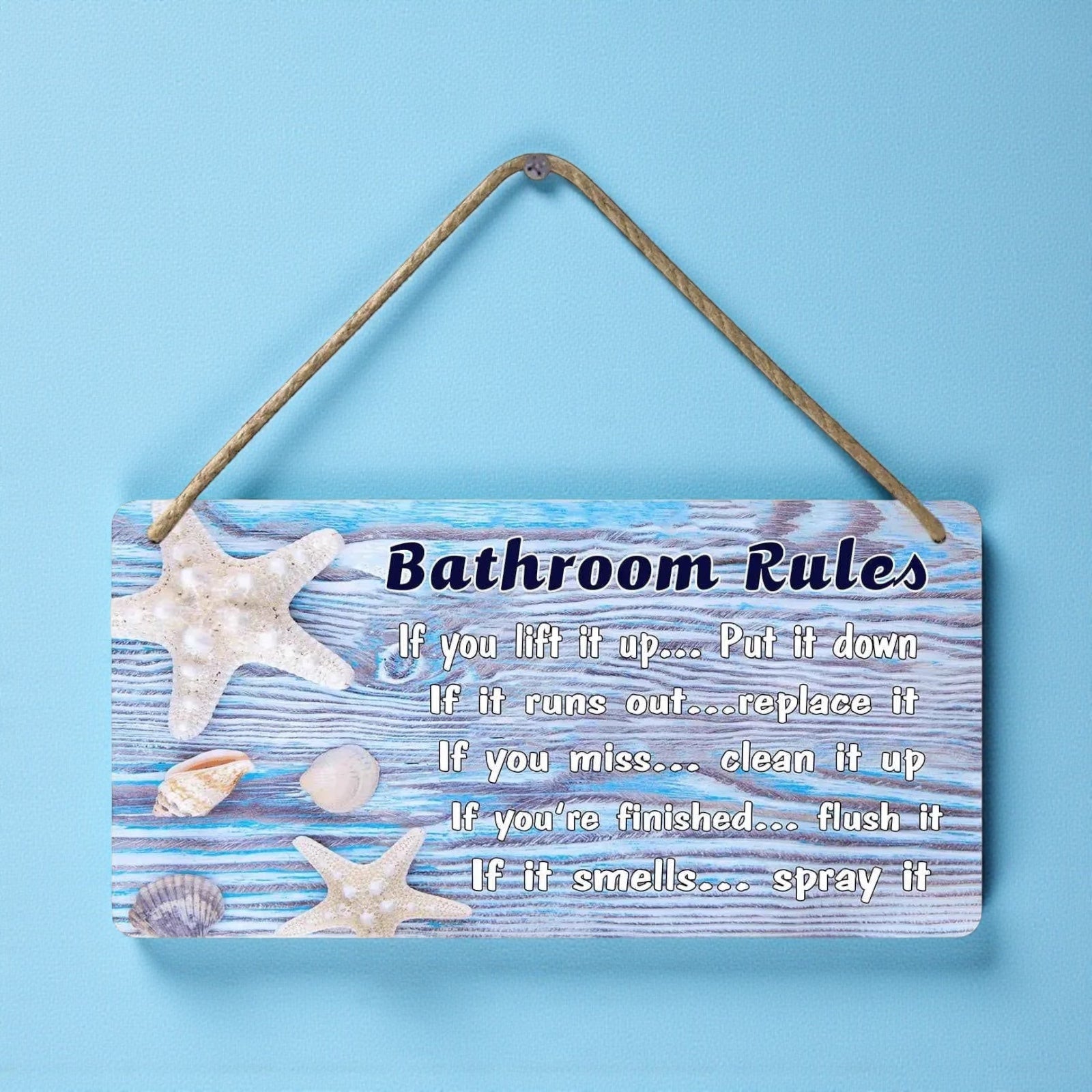 Beach Bathroom Wall Decor | Ocean Themed Wood Sign “Bathroom Rules” (12×6 in) by Wave & Hang