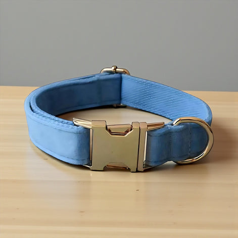 Luxury Blue Velvet Dog Collar & Leash Set – Stylish Comfort for All Breeds by Wave & Hang