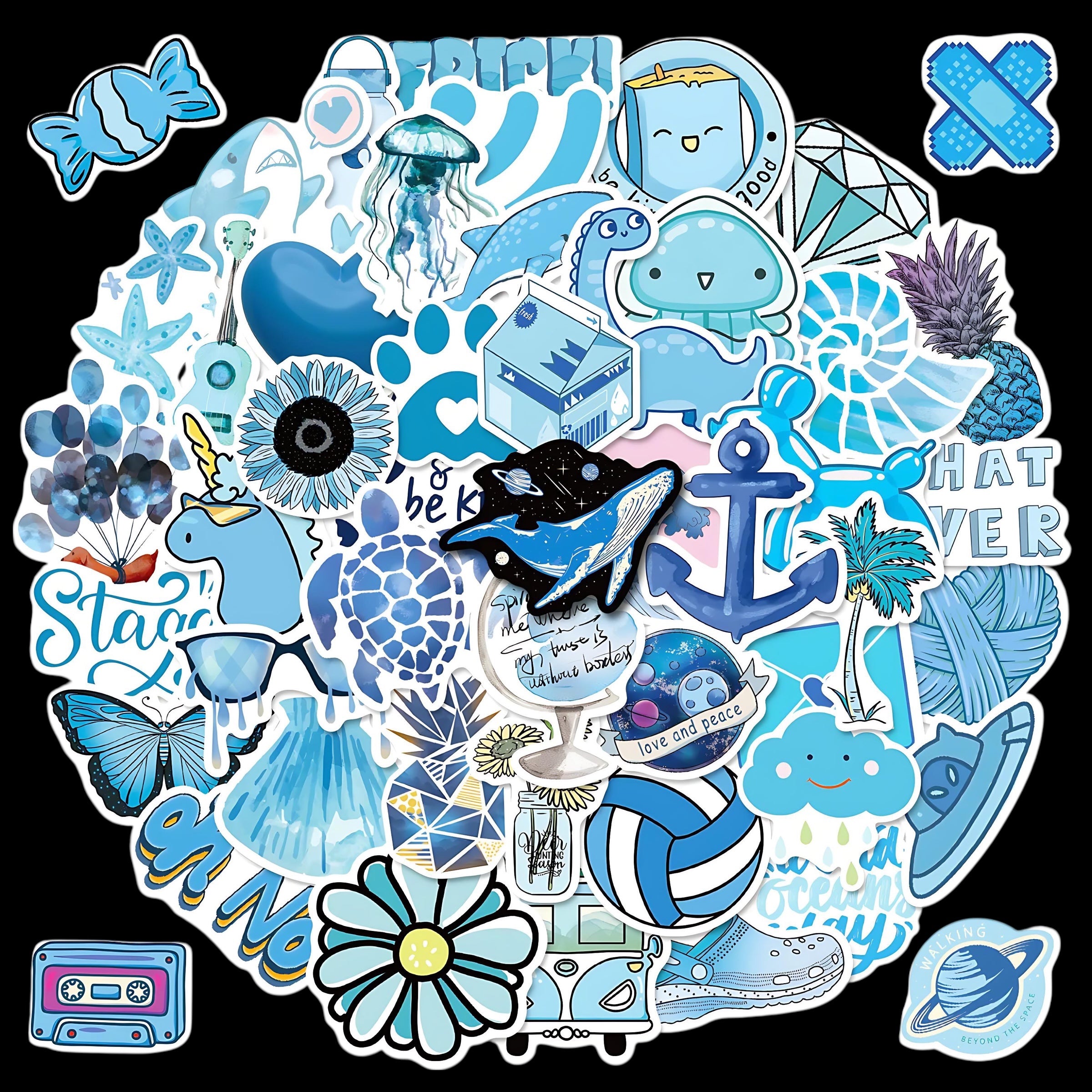 50 PCS Blue Ocean Style Doodle Stickers – Aesthetic Waterproof Vinyl Stickers for Laptops, Journals, Water Bottles, and Scrapbooking