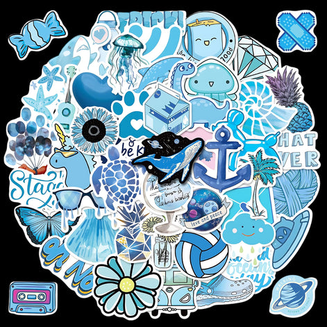 50 PCS Blue Ocean Style Doodle Stickers – Aesthetic Waterproof Vinyl Stickers for Laptops, Journals, Water Bottles, and Scrapbooking