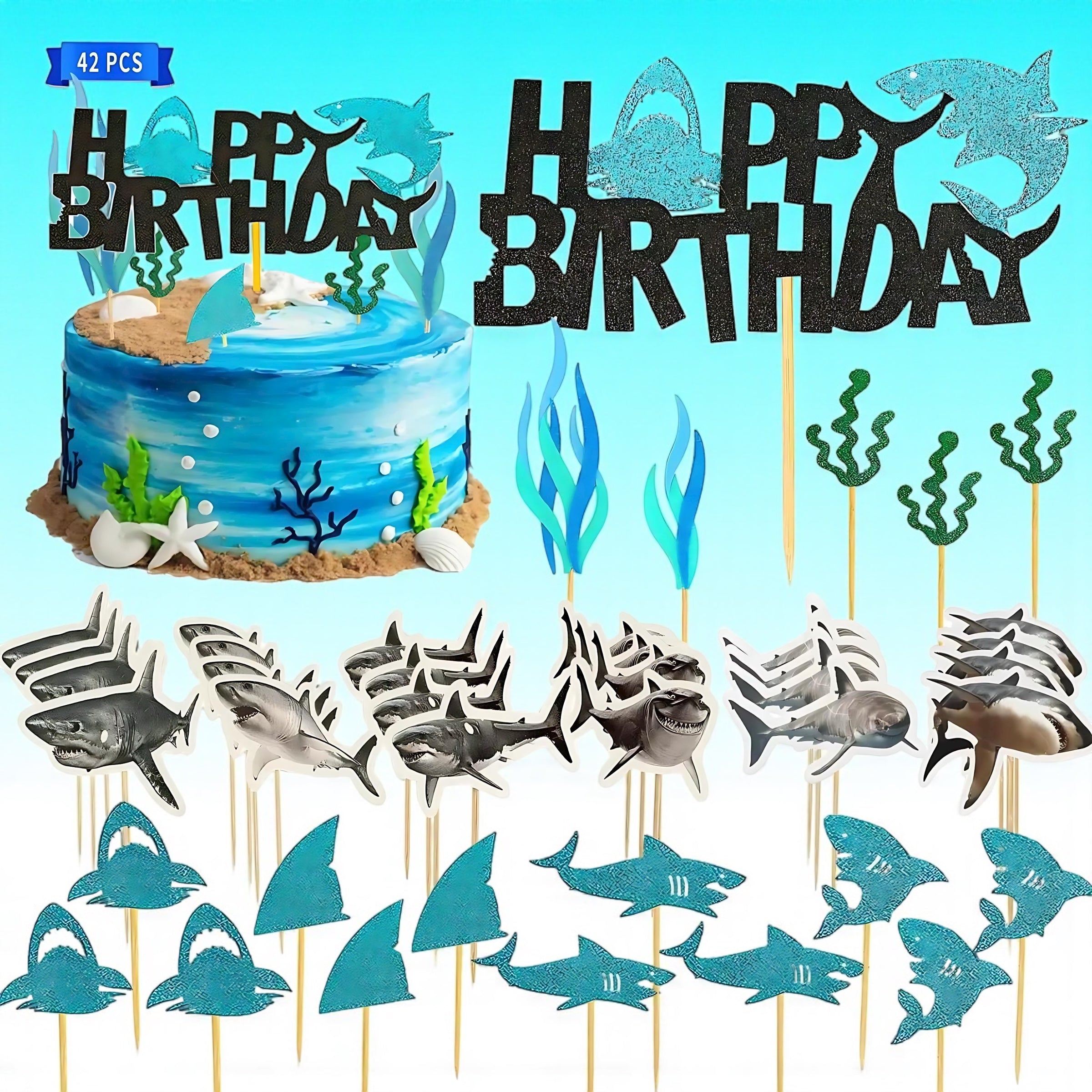 Wootkey 42pcs Shark Cupcake Toppers Set Glitter Shark Fins And Happy Birthday Under The Sea Theme by Wave & Hang