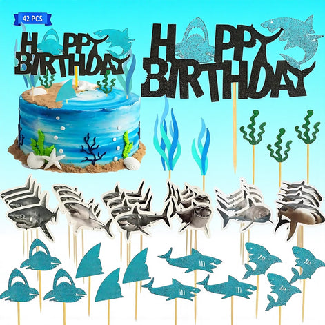 Wootkey 42pcs Shark Cupcake Toppers Set Glitter Shark Fins And Happy Birthday Under The Sea Theme by Wave & Hang