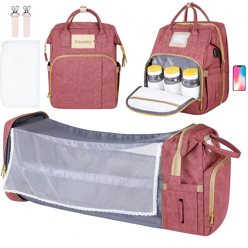 👶 Multi-Functional Diaper Bag with Foldable Baby Bed – Large Capacity Mommy Backpack