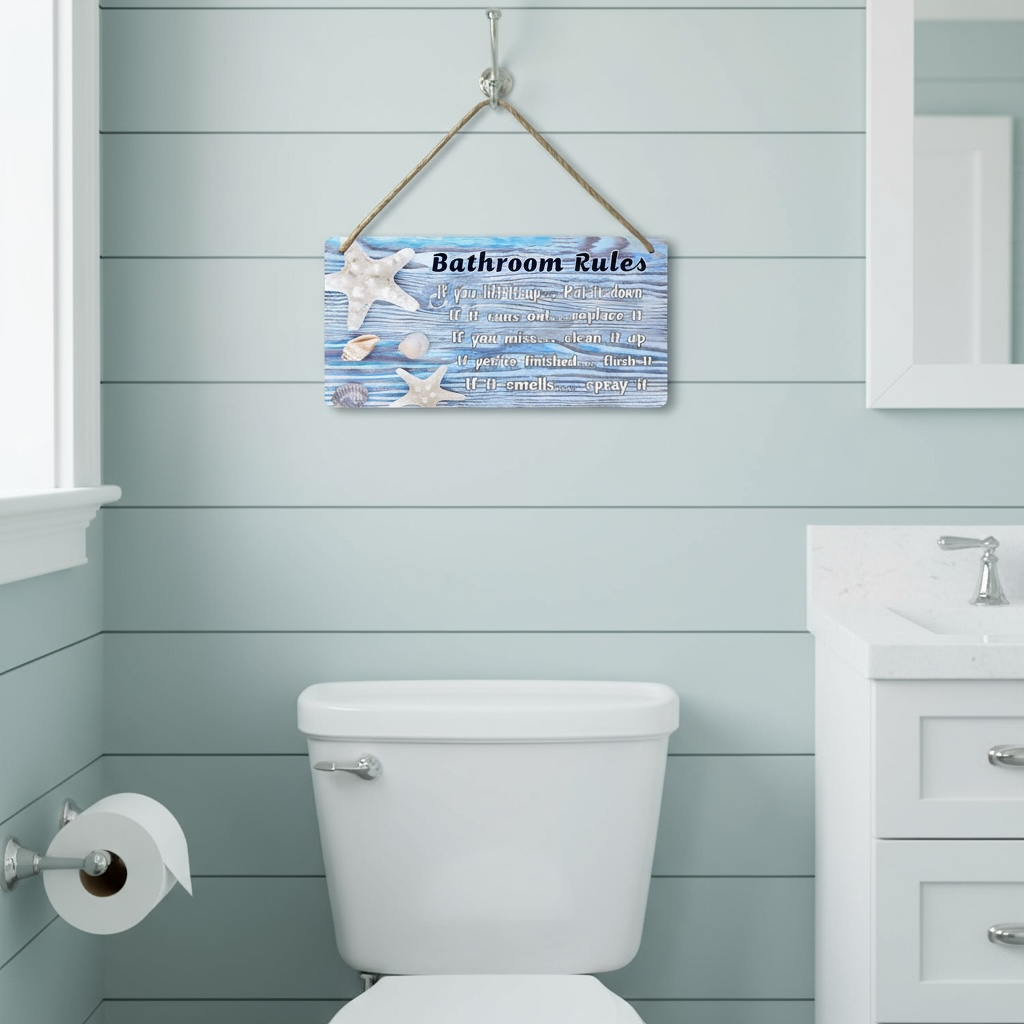 Beach Bathroom Wall Decor | Ocean Themed Wood Sign “Bathroom Rules” (12×6 in) by Wave & Hang