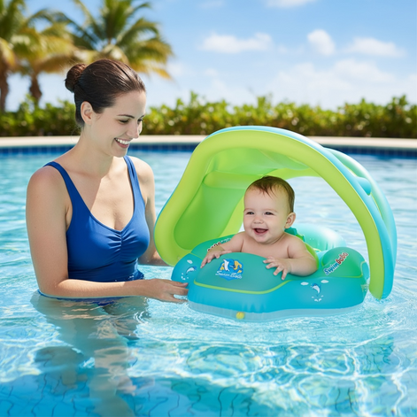 Baby Swim Ring With Built In Canopy For Infants Safe Comfortable Float Easy To Use Eco Friendly PVC by Wave & Hang
