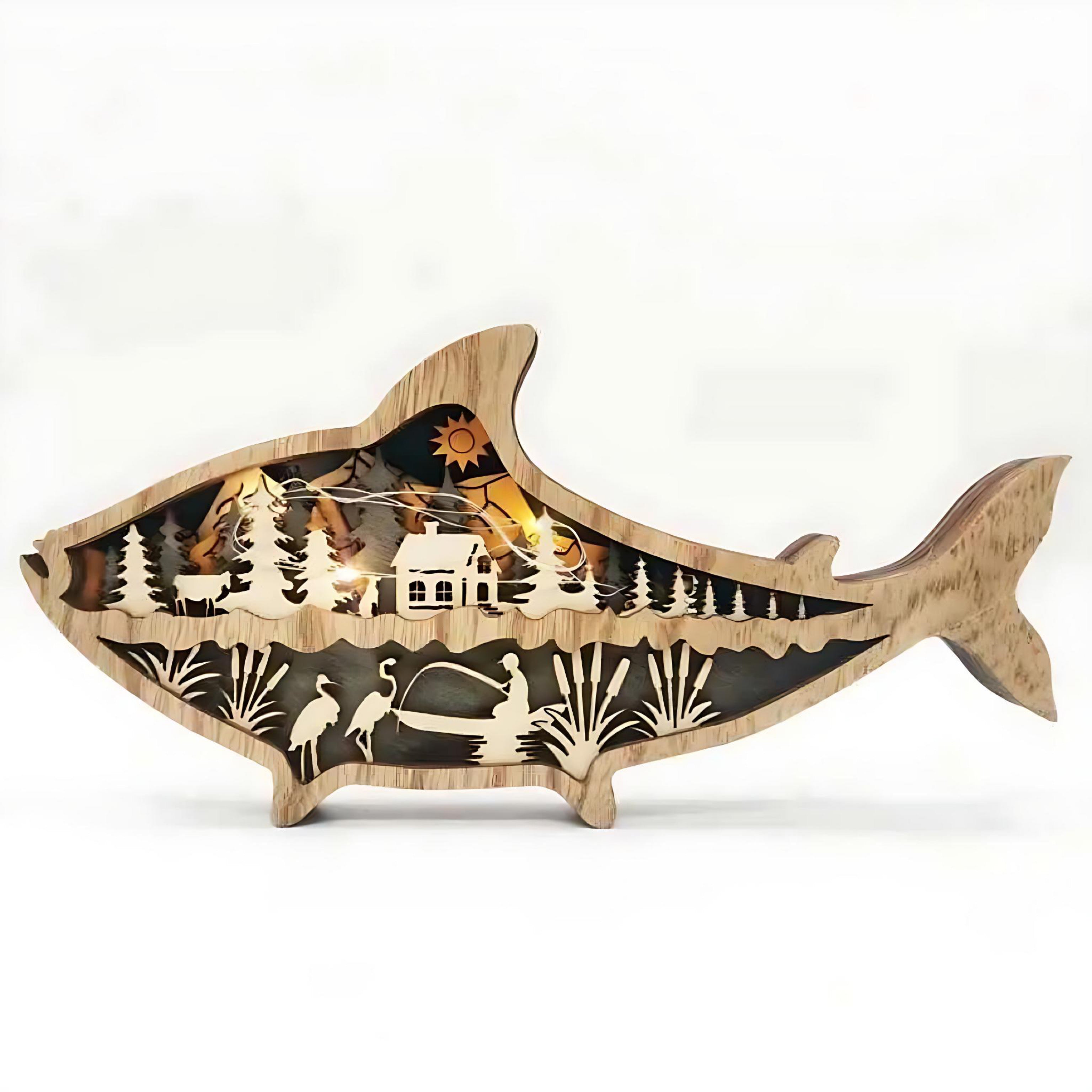 Wooden Fish Carving – Creative Ocean Art Desktop & Shelf Decor by Wave & Hang