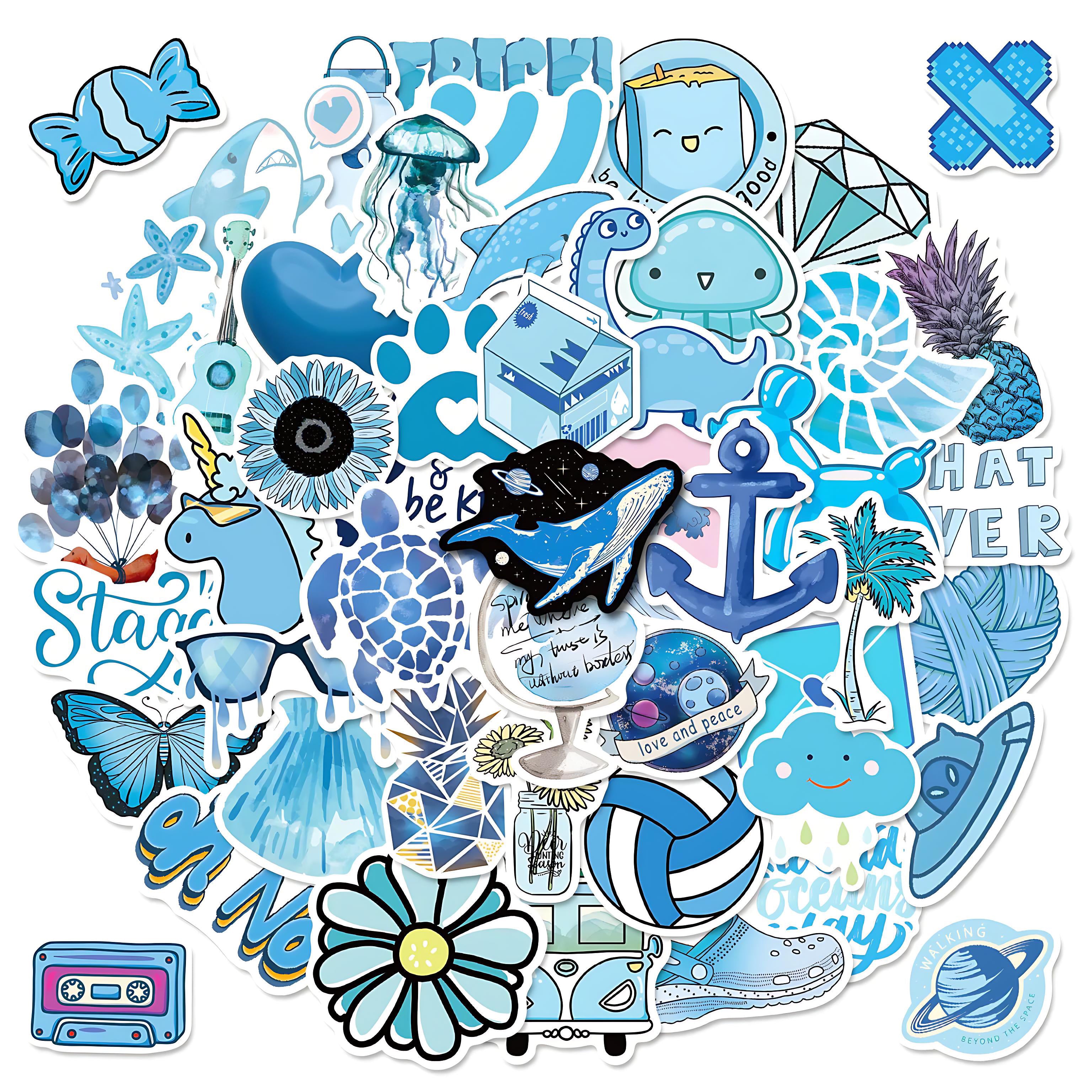 50 PCS Blue Ocean Style Doodle Stickers – Aesthetic Waterproof Vinyl Stickers for Laptops, Journals, Water Bottles, and Scrapbooking