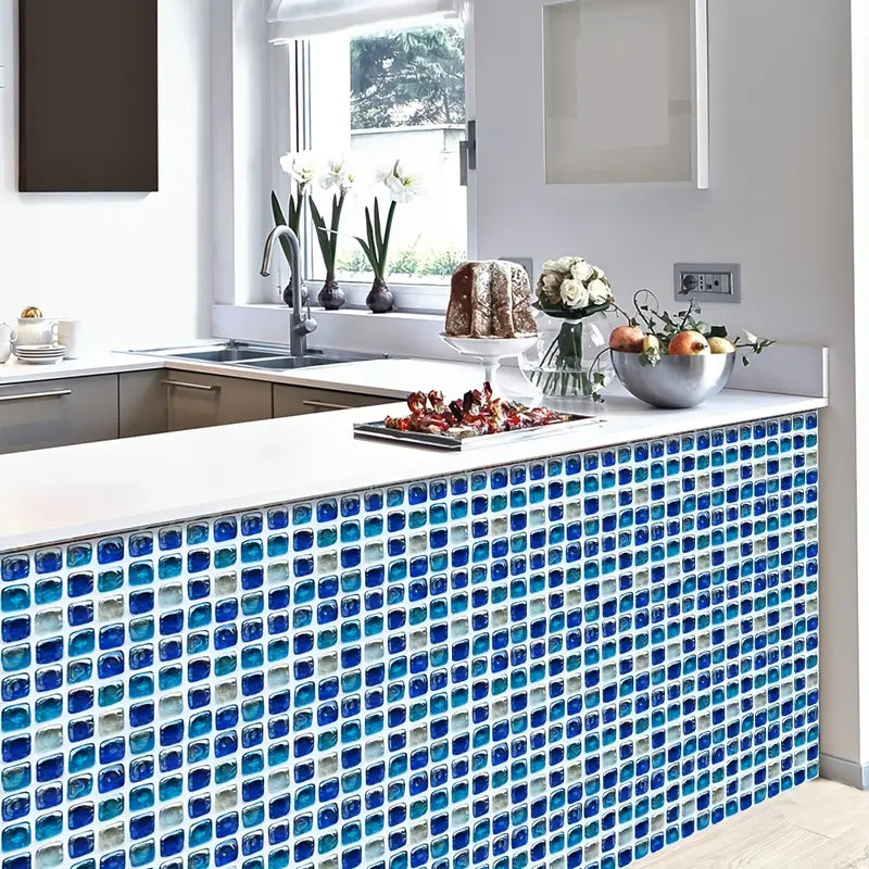 10 Ocean Blue Removable Mosaic Tile Stickers – Waterproof Decorative Wall Tiles for Kitchen, Bathroom, and Home Renovation (Set of 10)