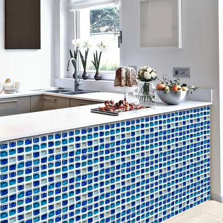 10 Ocean Blue Removable Mosaic Tile Stickers – Waterproof Decorative Wall Tiles for Kitchen, Bathroom, and Home Renovation (Set of 10)