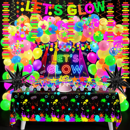 Neon Birthday Party Decoration Glow in the Dark Set – Let’s Glow Backdrop, Fluorescent Balloons, Garland Arch Kit, Black Light Reactive Tape & Streamers for Neon Party Supplies